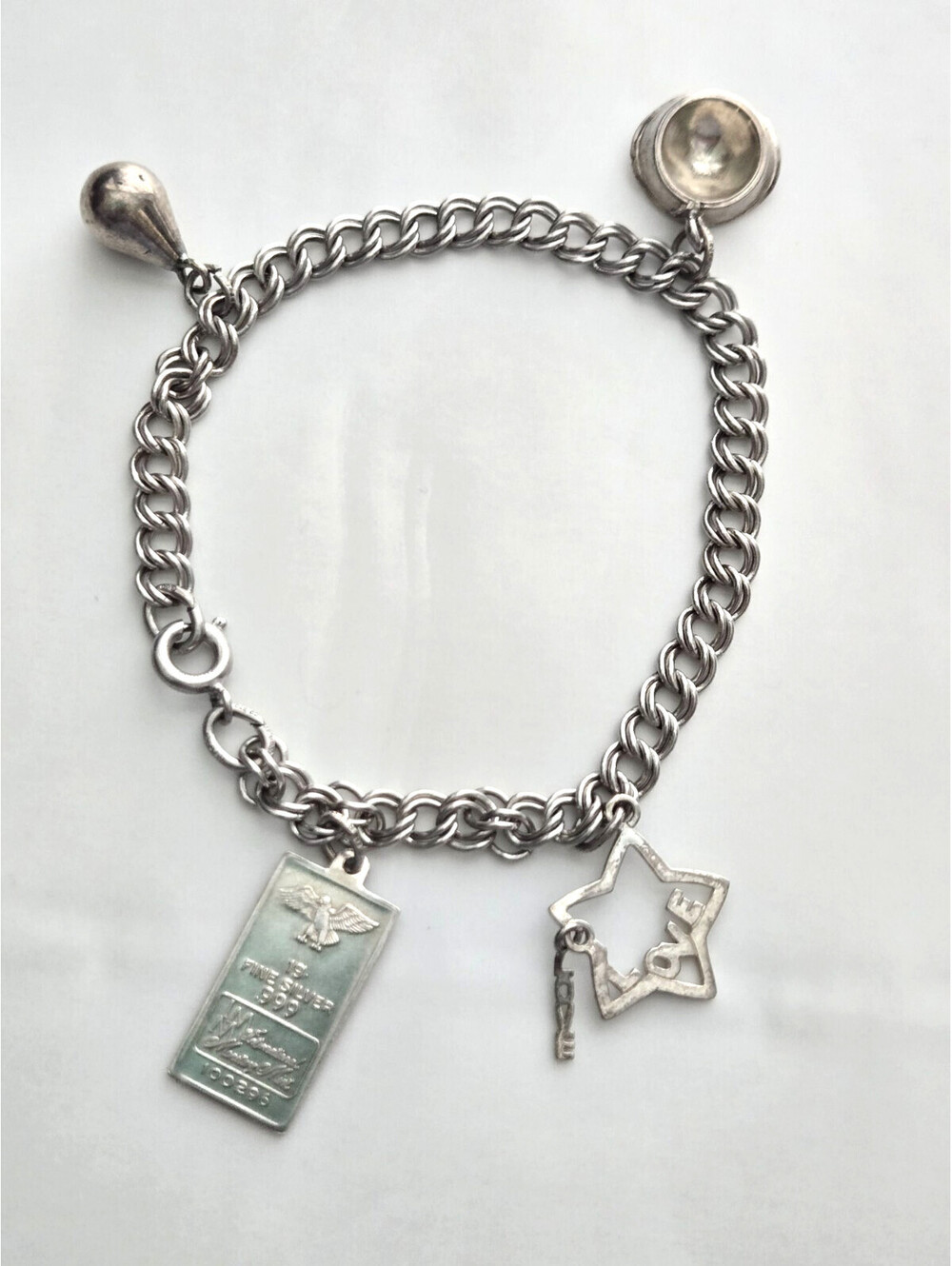 Vintage Attleboro Chain Sterling Silver Charm Bracelet w/1g IMM Bullion Bar  7"